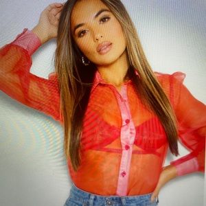 Red Petite Organza Long Sleeve Blouse
